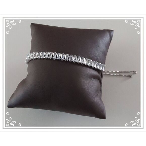 Gorgeous 10 Ct. Baguette Cut Sim Diamond Bolo Tennis Bracelet~18KWGP~New - Picture 2 of 3